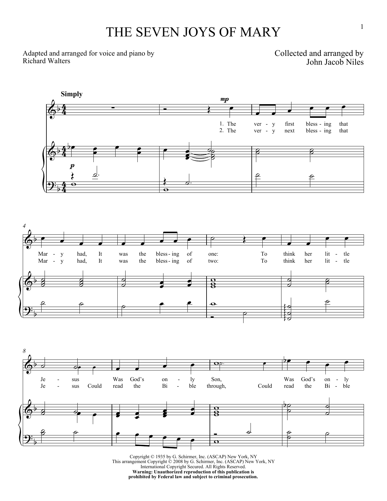 Download John Jacob Niles The Seven Joys Of Mary Sheet Music and learn how to play Piano & Vocal PDF digital score in minutes