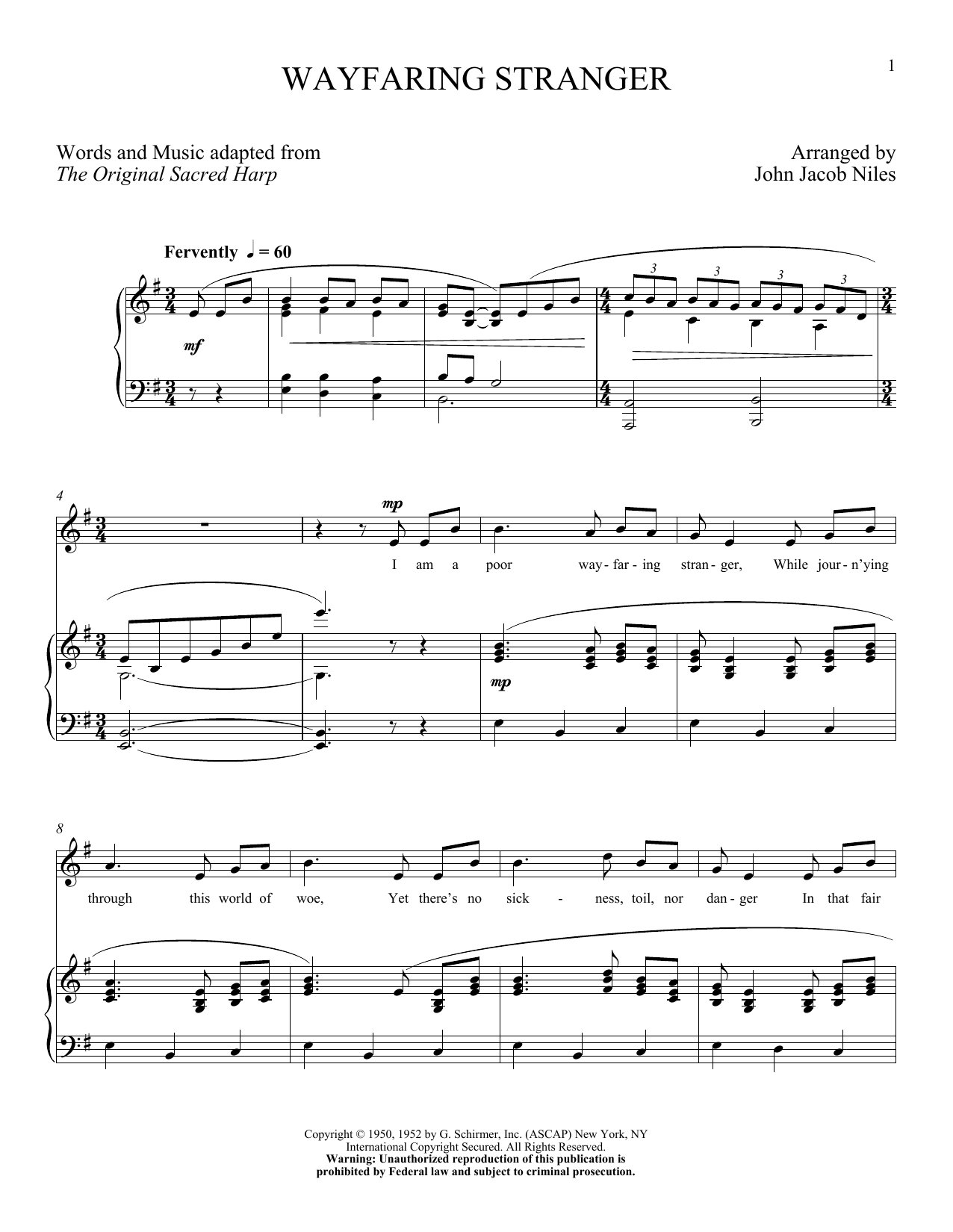 Download John Jacob Niles Wayfaring Stranger Sheet Music and learn how to play Piano & Vocal PDF digital score in minutes
