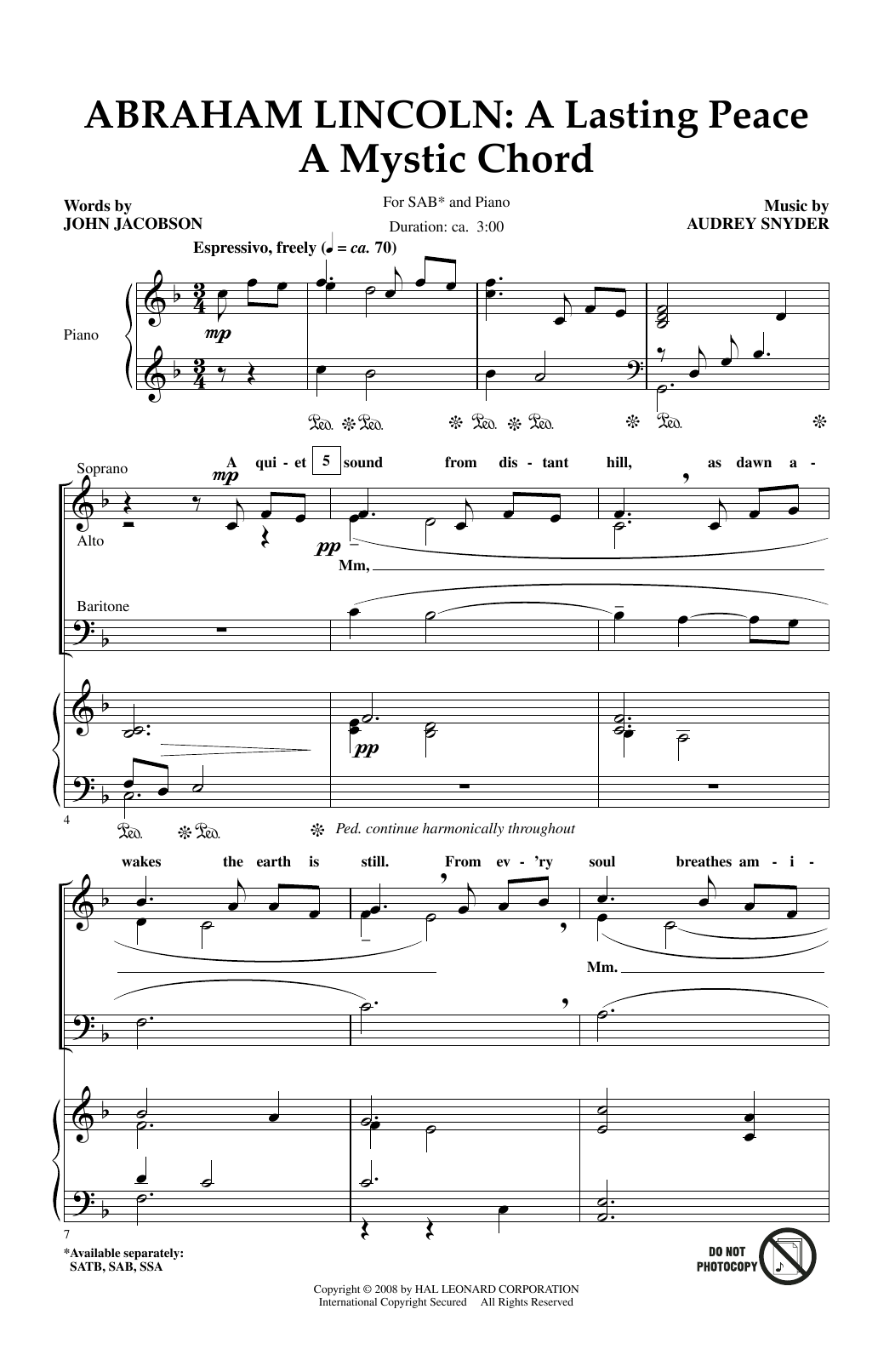 Download Audrey Snyder Abraham Lincoln: A Lasting Peace Sheet Music and learn how to play SATB PDF digital score in minutes