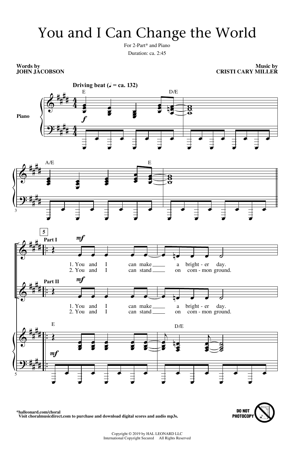 Download John Jacobson and Cristi Cary Miller You And I Can Change The World Sheet Music and learn how to play 2-Part Choir PDF digital score in minutes