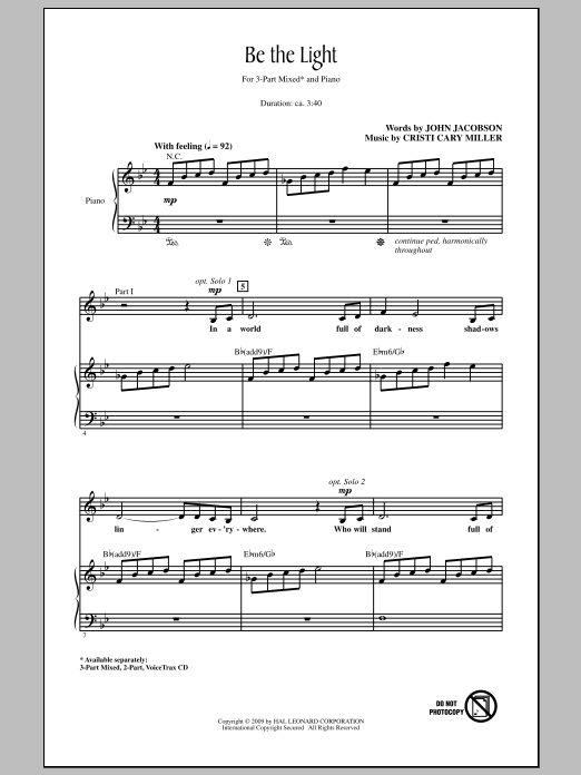Download John Jacobson Be The Light Sheet Music and learn how to play 3-Part Mixed Choir PDF digital score in minutes
