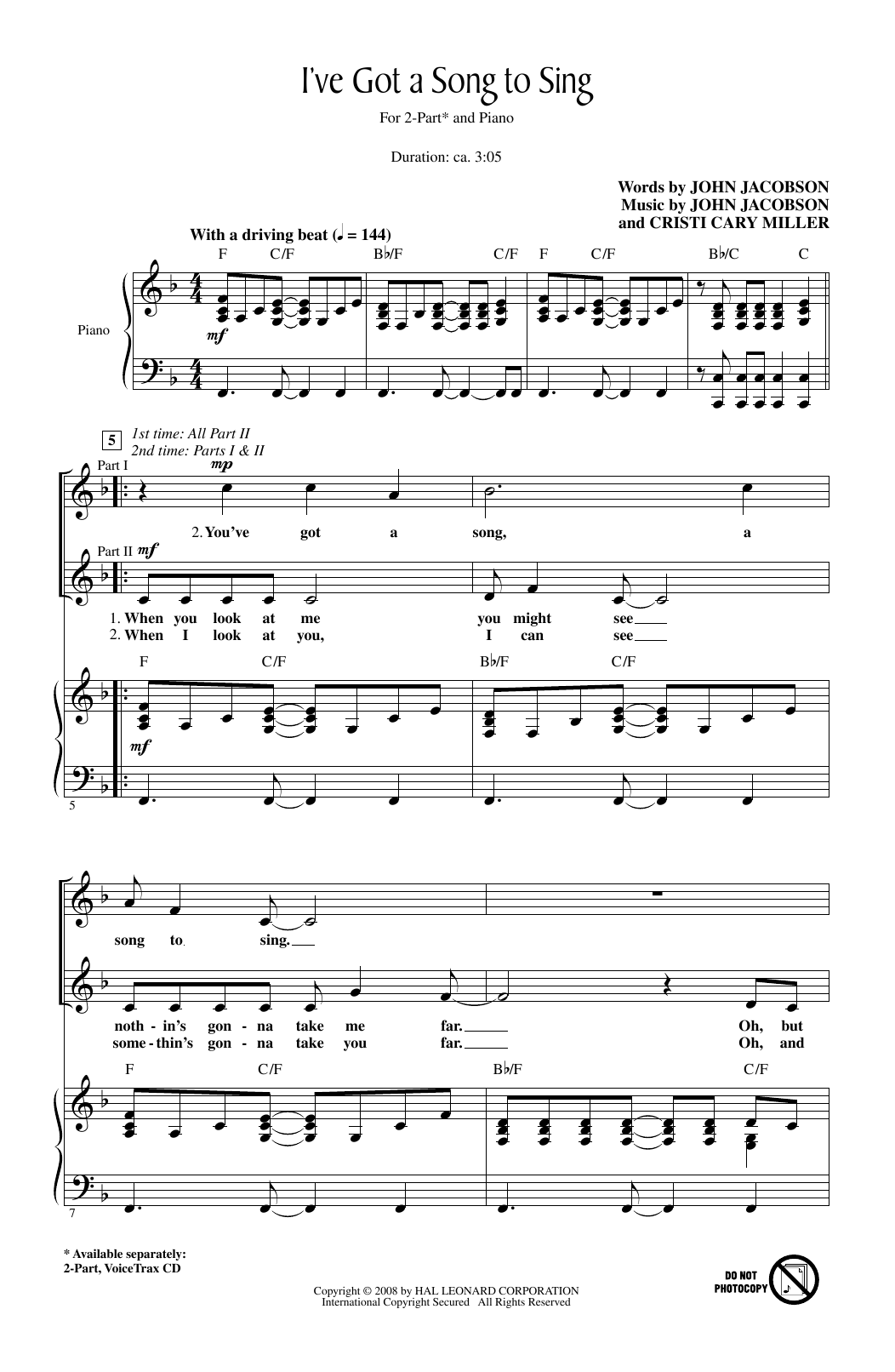 Download John Jacobson I've Got A Song To Sing Sheet Music and learn how to play 2-Part Choir PDF digital score in minutes