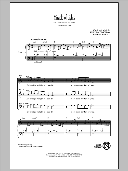Download John Jacobson Miracle Of Lights (arr. Roger Emerson) Sheet Music and learn how to play 3-Part Mixed PDF digital score in minutes