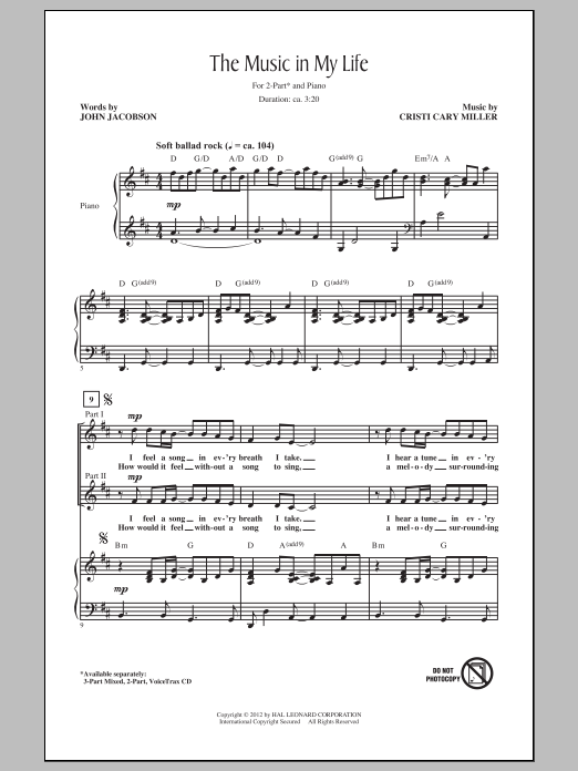 Download Cristi Cary Miller The Music In My Life Sheet Music and learn how to play 2-Part Choir PDF digital score in minutes