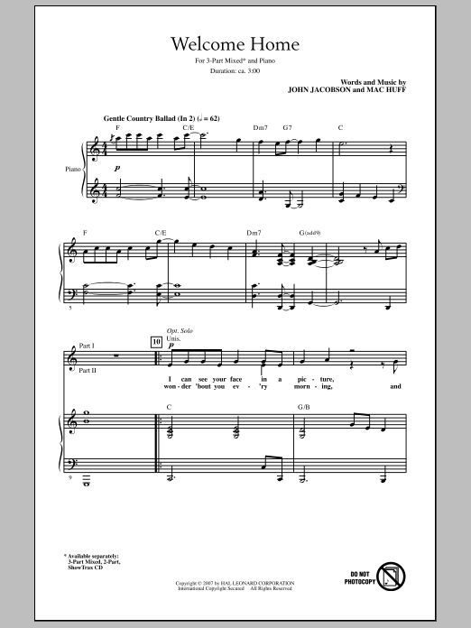 Download John Jacobson Welcome Home Sheet Music and learn how to play 3-Part Mixed Choir PDF digital score in minutes