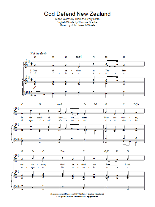 Download John Joseph Woods God Defend New Zealand (New Zealand National Anthem) Sheet Music and learn how to play Piano, Vocal & Guitar (Right-Hand Melody) PDF digital score in minutes