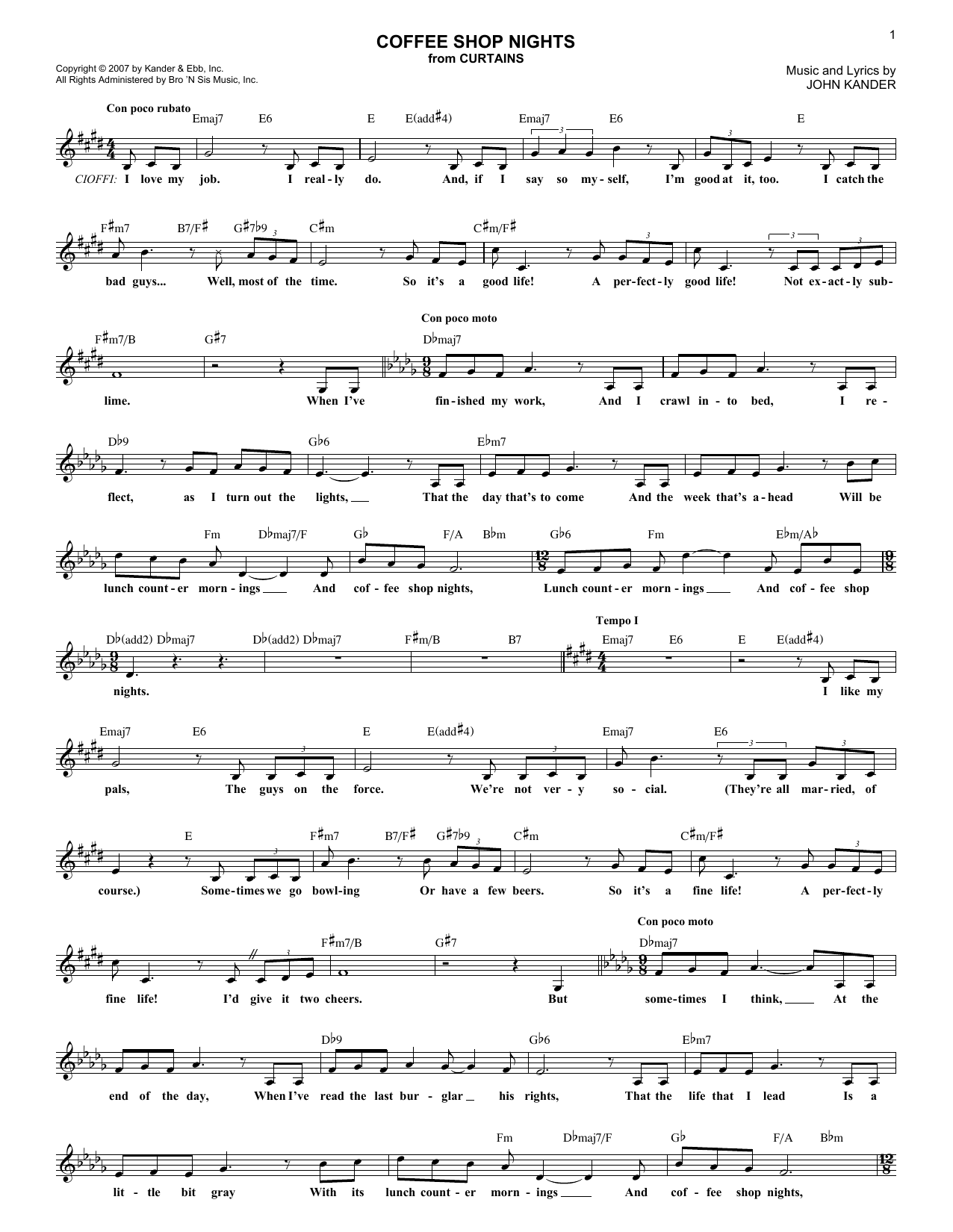 Download John Kander Coffee Shop Nights Sheet Music and learn how to play Melody Line, Lyrics & Chords PDF digital score in minutes