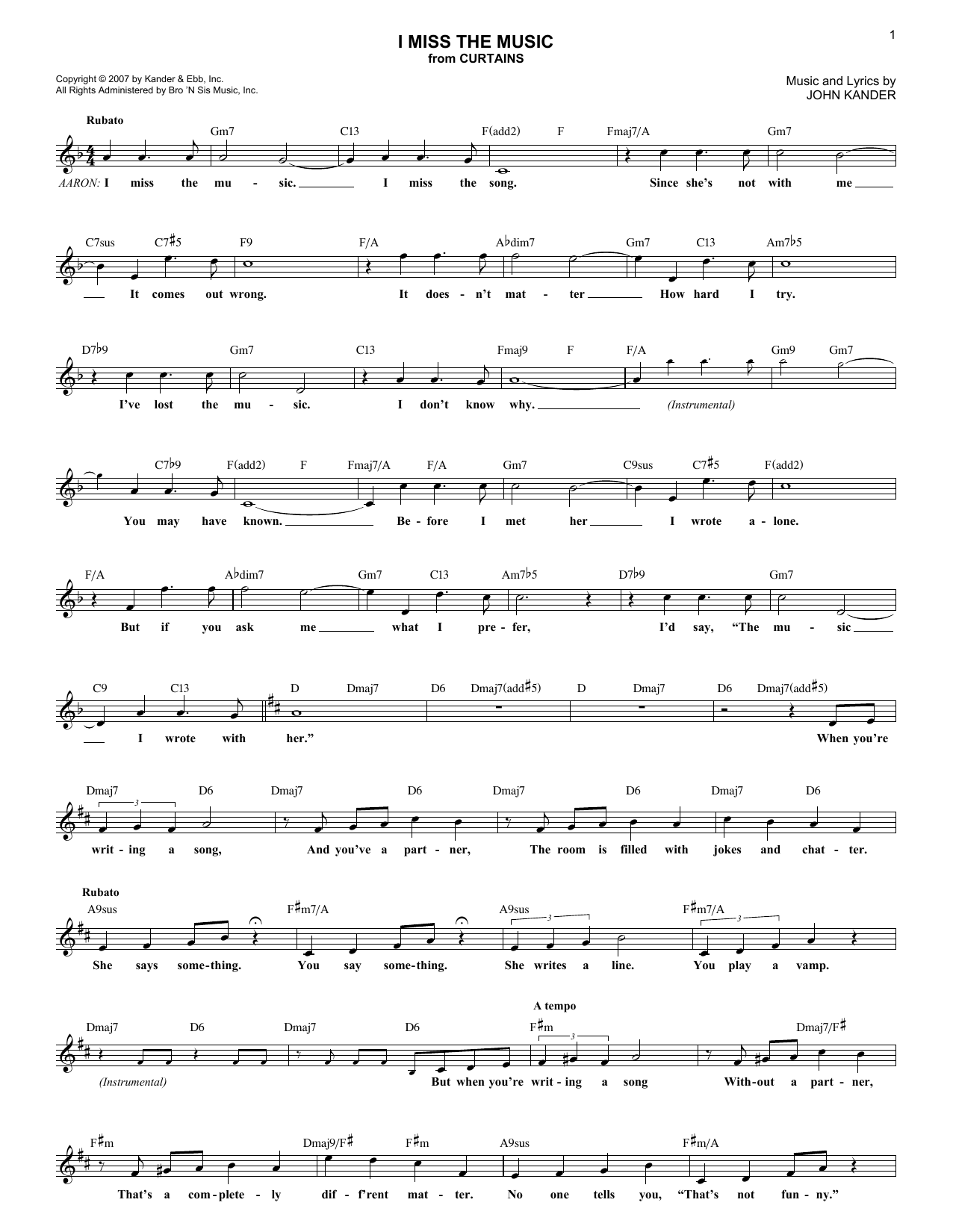 Download John Kander I Miss The Music Sheet Music and learn how to play Melody Line, Lyrics & Chords PDF digital score in minutes