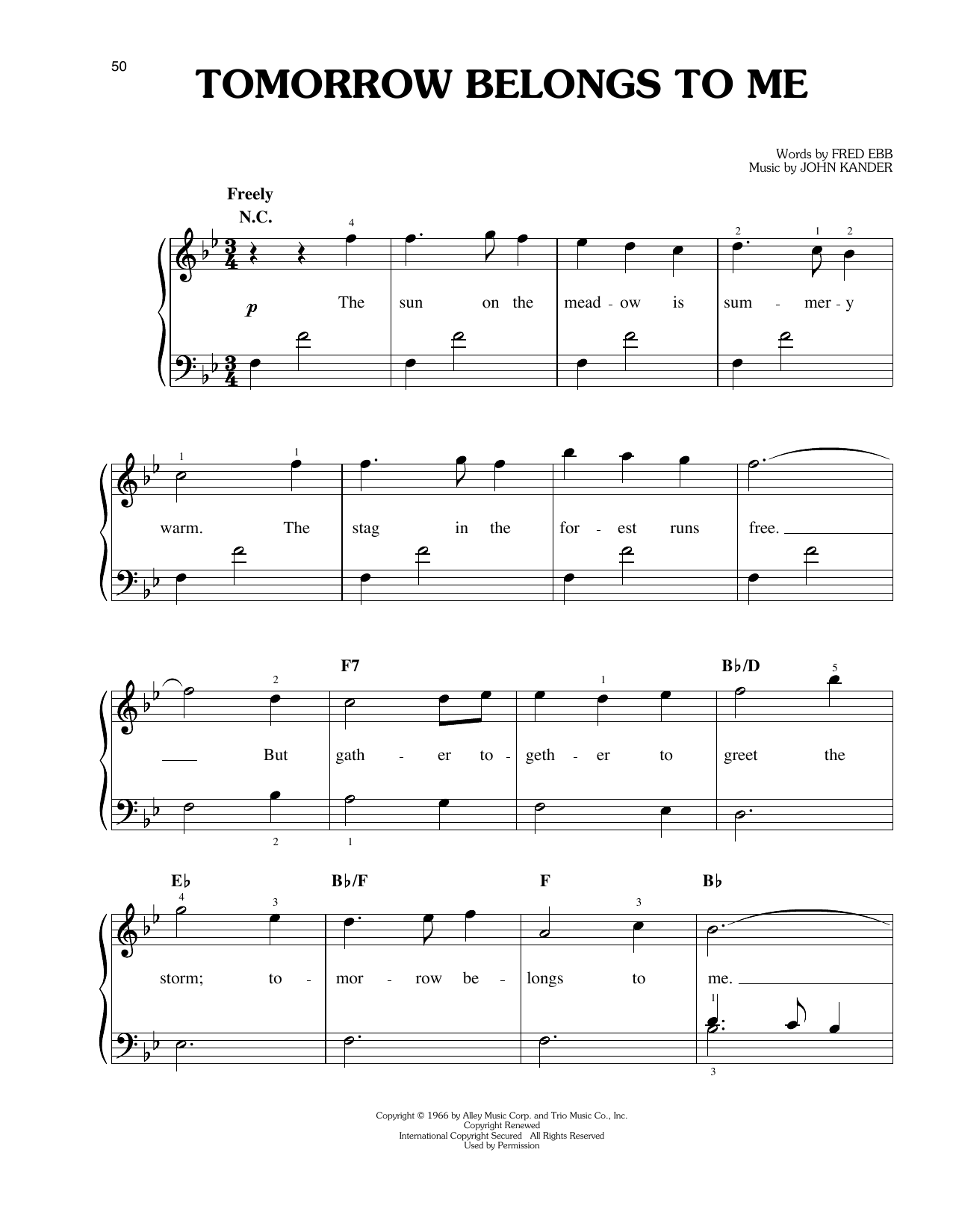 Download John Kander Tomorrow Belongs To Me Sheet Music and learn how to play Easy Piano PDF digital score in minutes