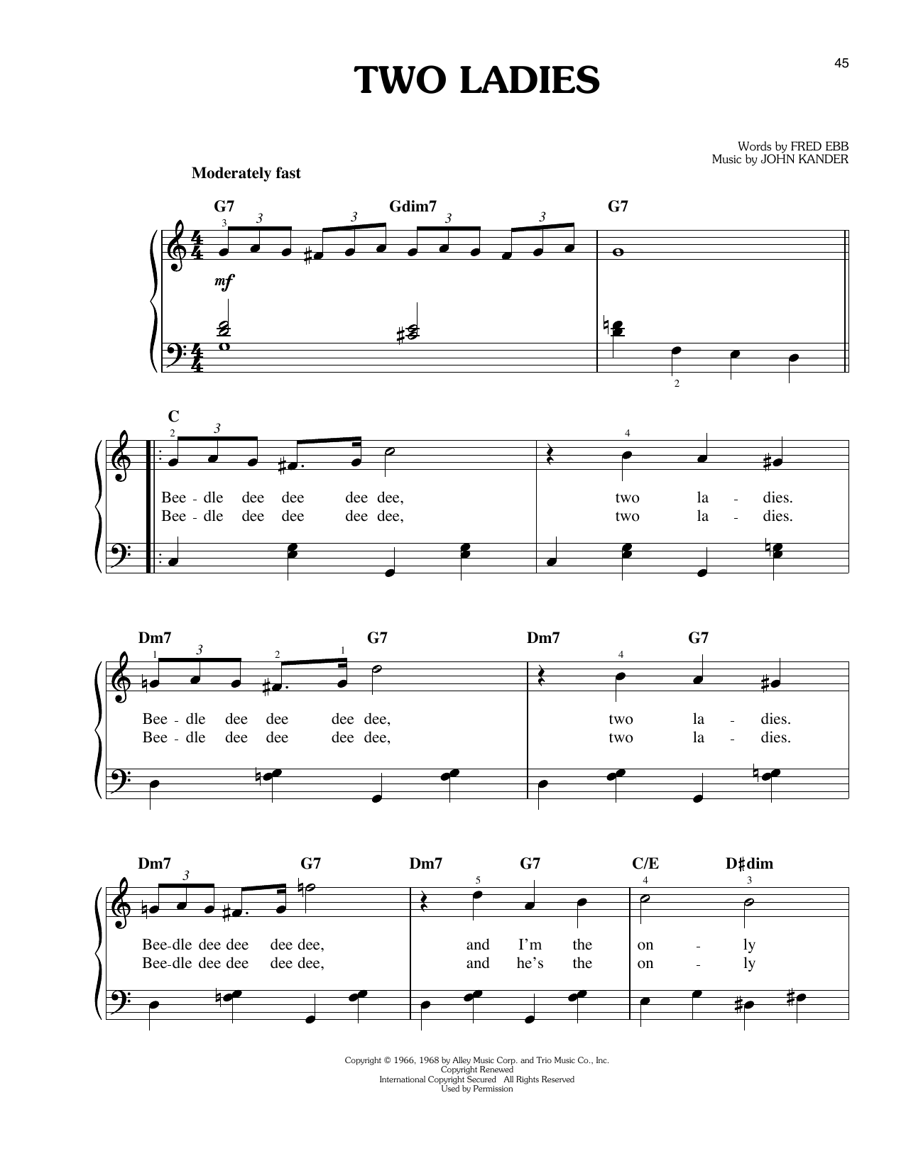 Download John Kander Two Ladies Sheet Music and learn how to play Easy Piano PDF digital score in minutes