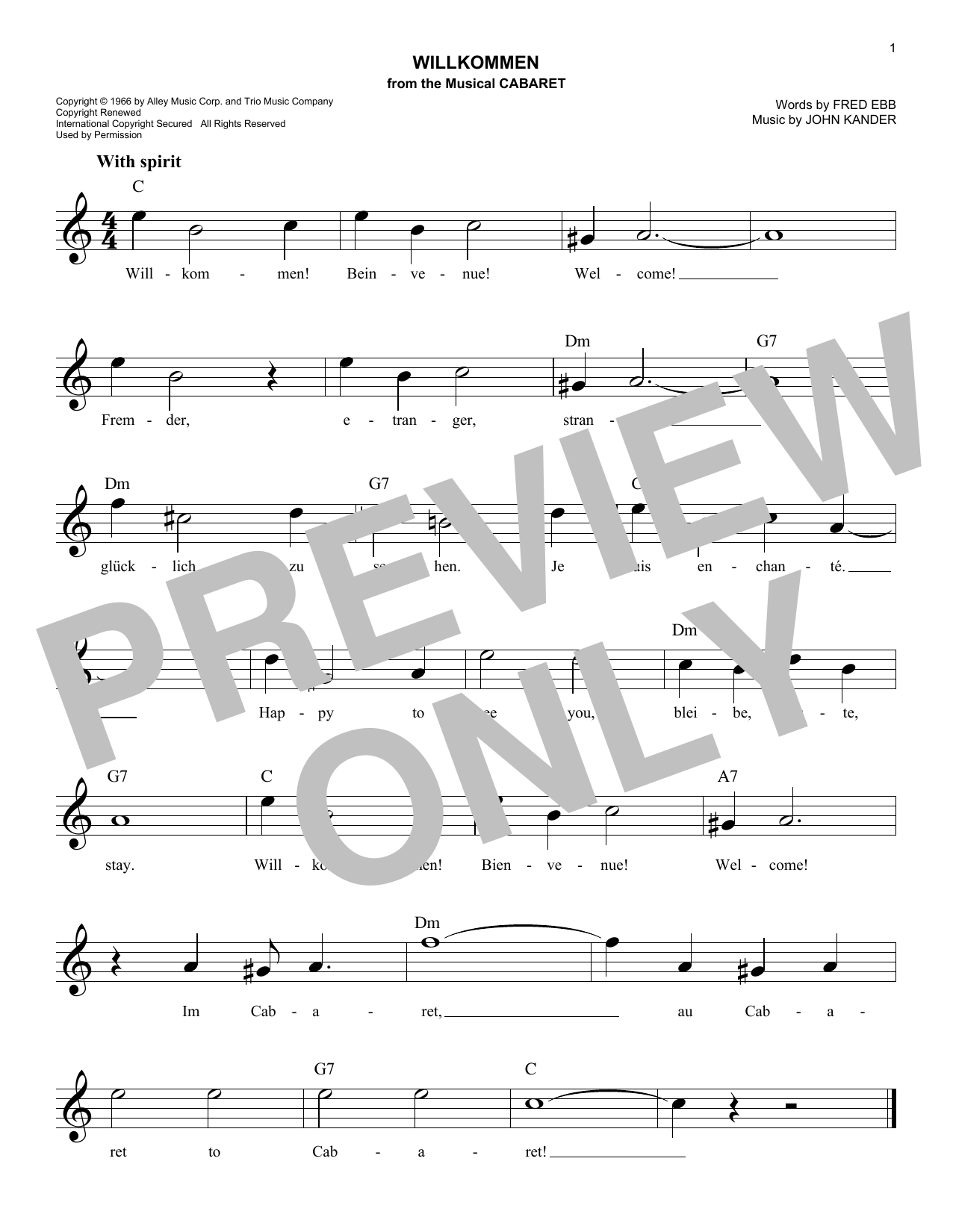 Download John Kander Willkommen Sheet Music and learn how to play Melody Line, Lyrics & Chords PDF digital score in minutes