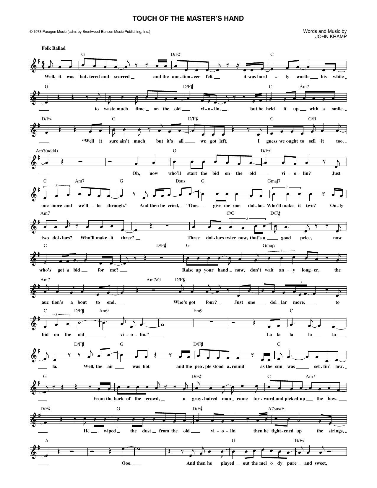 Download John Kramp The Touch Of The Master's Hand Sheet Music and learn how to play Lead Sheet / Fake Book PDF digital score in minutes