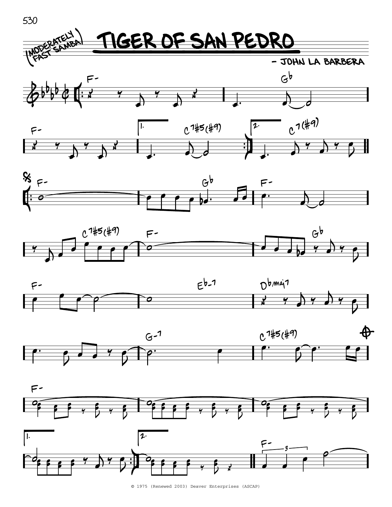 Download John La Barbera Tiger Of San Pedro Sheet Music and learn how to play Real Book – Melody & Chords PDF digital score in minutes