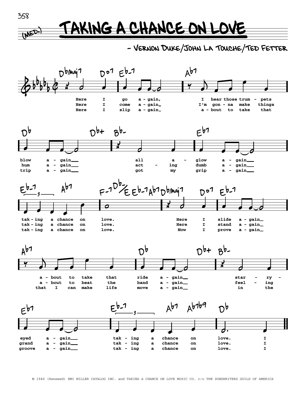 Download John La Touche Taking A Chance On Love (High Voice) Sheet Music and learn how to play Real Book – Melody, Lyrics & Chords PDF digital score in minutes