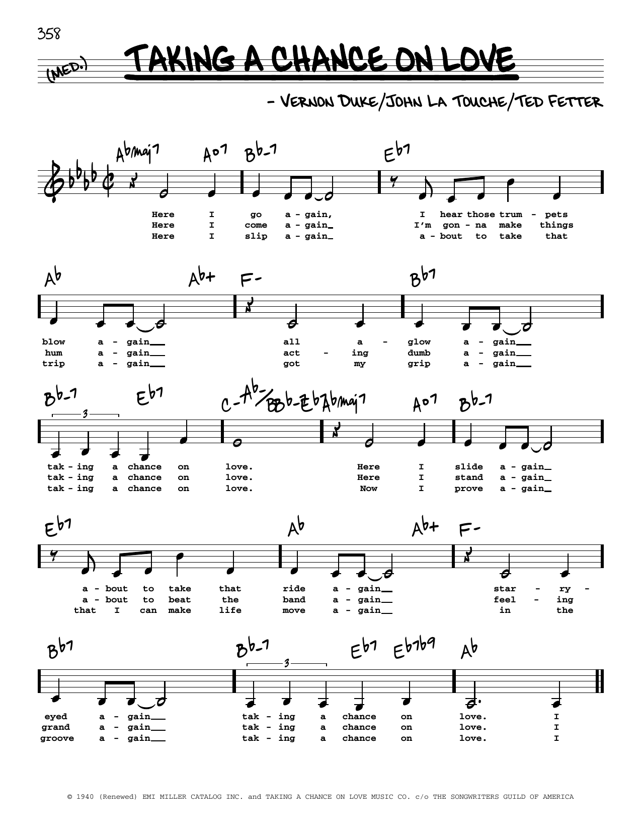 Download John La Touche Taking A Chance On Love (Low Voice) Sheet Music and learn how to play Real Book – Melody, Lyrics & Chords PDF digital score in minutes