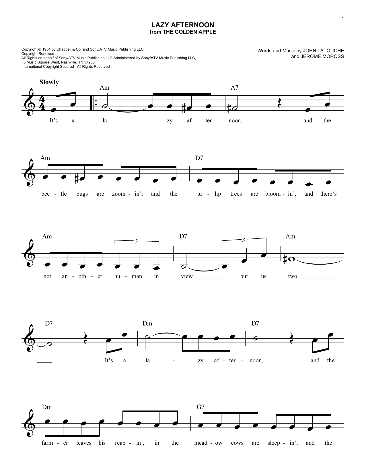 Download John Latouche Lazy Afternoon Sheet Music and learn how to play Melody Line, Lyrics & Chords PDF digital score in minutes