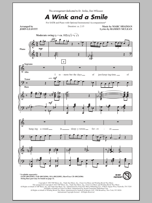 Download Harry Connick, Jr. A Wink And A Smile (arr. John Leavitt) Sheet Music and learn how to play SATB PDF digital score in minutes