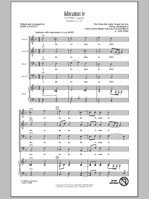 Download John Leavitt Adoramus Te Sheet Music and learn how to play TTBB Choir PDF digital score in minutes
