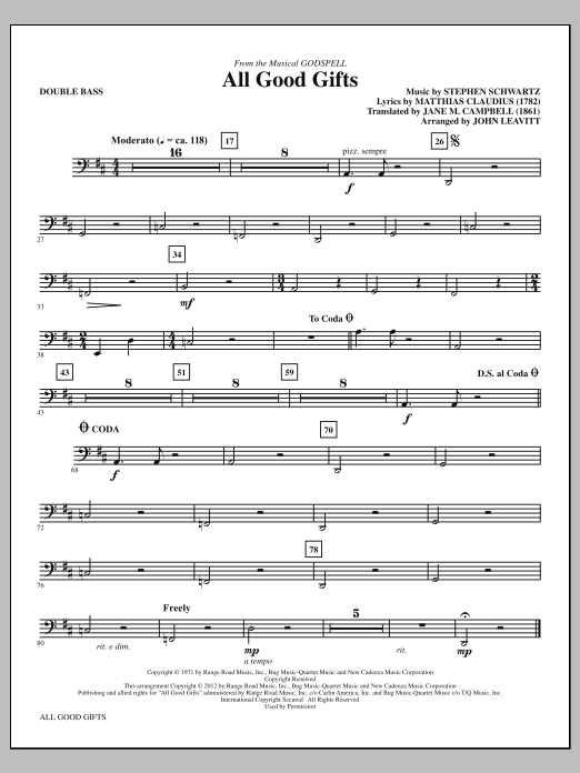 Download John Leavitt All Good Gifts - Double Bass Sheet Music and learn how to play Choir Instrumental Pak PDF digital score in minutes