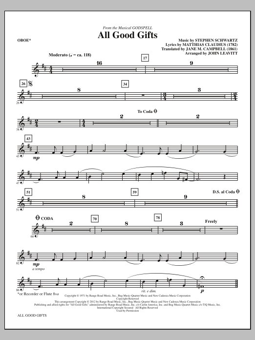 Download John Leavitt All Good Gifts - Oboe Sheet Music and learn how to play Choir Instrumental Pak PDF digital score in minutes
