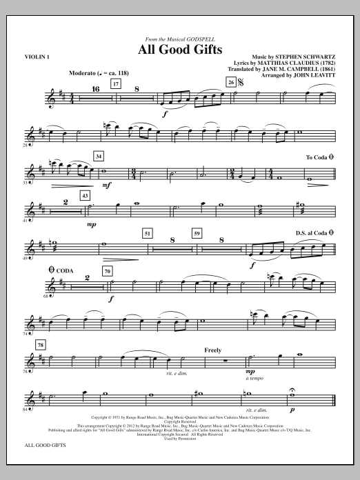 Download John Leavitt All Good Gifts - Violin 1 Sheet Music and learn how to play Choir Instrumental Pak PDF digital score in minutes