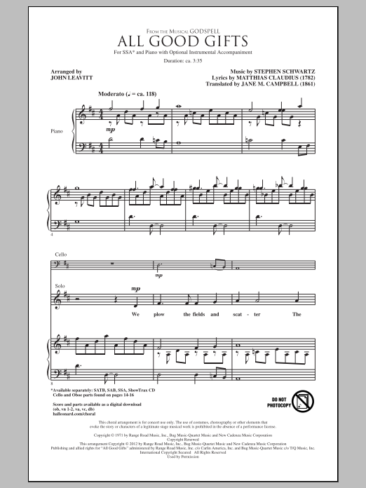 Download Stephen Schwartz All Good Gifts (from Godspell) (arr. John Leavitt) Sheet Music and learn how to play SAB PDF digital score in minutes
