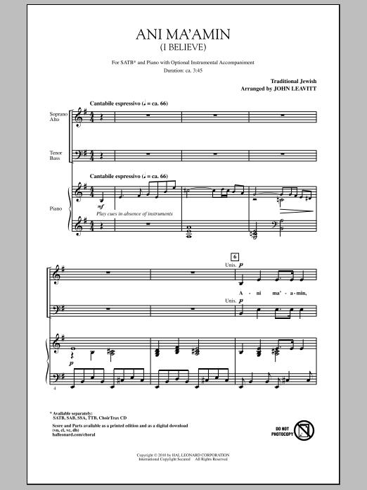 Download John Leavitt Ani Ma'amin (I Believe) Sheet Music and learn how to play SAB Choir PDF digital score in minutes