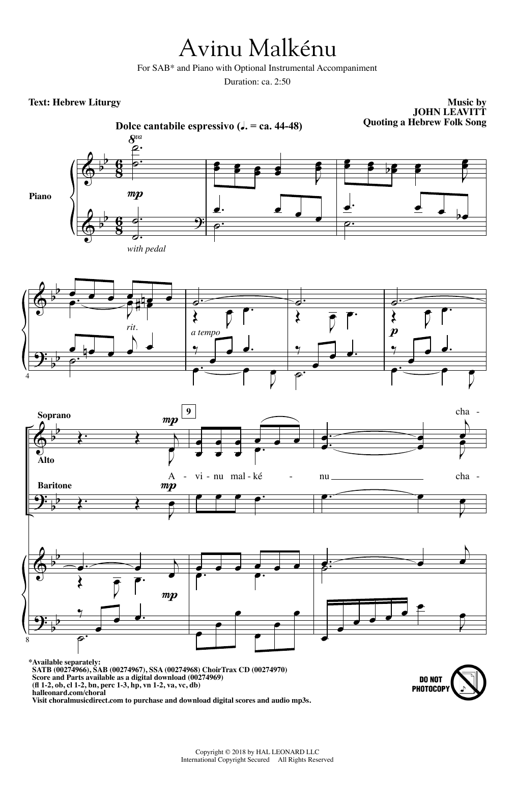 Download John Leavitt Avinu Malkenu Sheet Music and learn how to play SSA Choir PDF digital score in minutes