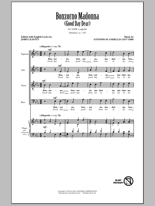 Download John Leavitt Bonzorno Madonna (Good Day Dear) Sheet Music and learn how to play SATB Choir PDF digital score in minutes