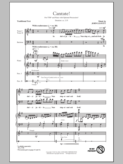 Download John Leavitt Cantate! Sheet Music and learn how to play TTBB PDF digital score in minutes