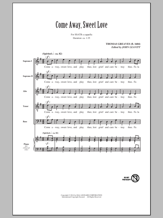Download Thomas Greaves Come Away, Sweet Love Sheet Music and learn how to play SATB PDF digital score in minutes