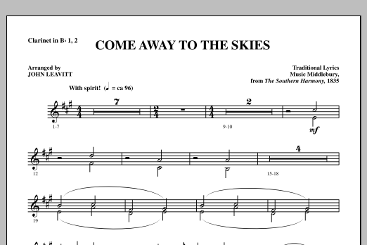 Download John Leavitt Come Away To The Skies - Bb Clarinet 1 & 2 Sheet Music and learn how to play Choir Instrumental Pak PDF digital score in minutes