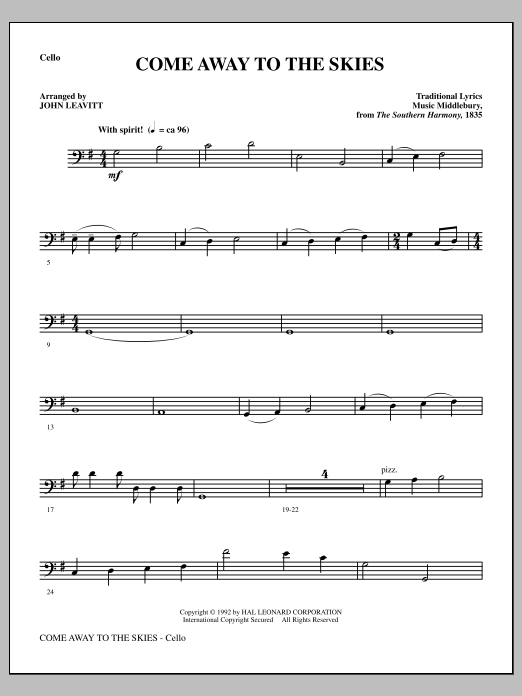 Download John Leavitt Come Away To The Skies - Cello Sheet Music and learn how to play Choir Instrumental Pak PDF digital score in minutes