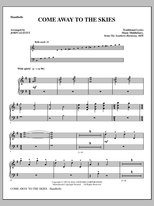 Download John Leavitt Come Away To The Skies - Handbells Sheet Music and learn how to play Choir Instrumental Pak PDF digital score in minutes
