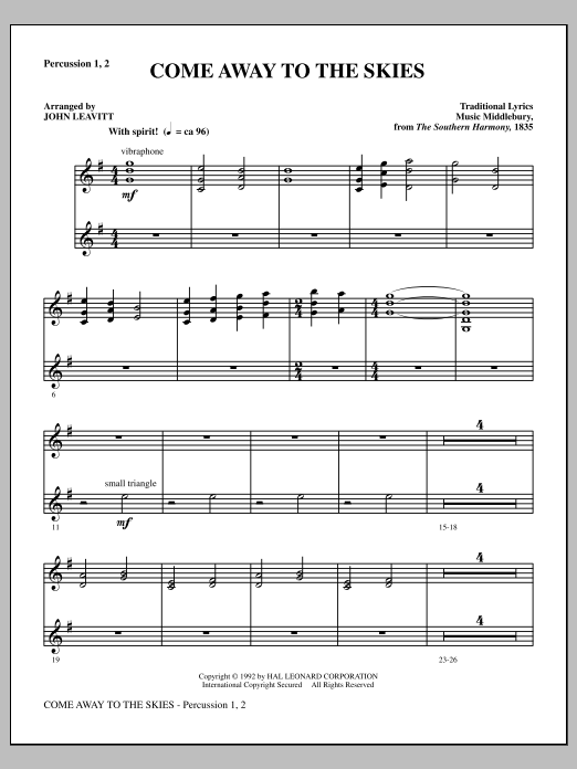 Download John Leavitt Come Away To The Skies - Percussion 1 & 2 Sheet Music and learn how to play Choir Instrumental Pak PDF digital score in minutes