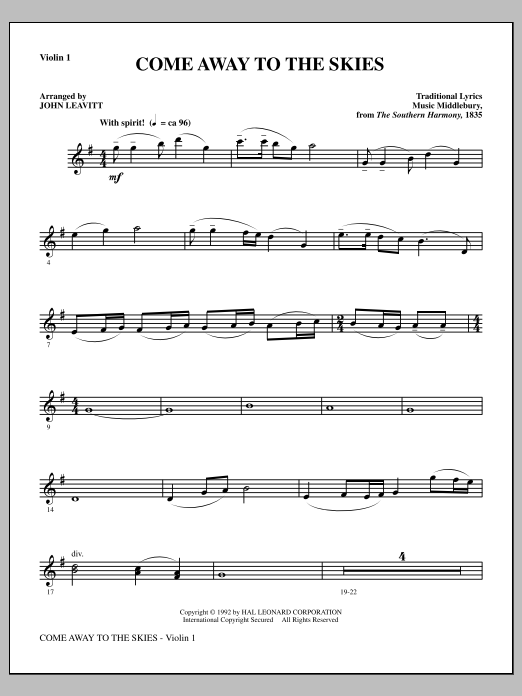 Download John Leavitt Come Away To The Skies - Violin 1 Sheet Music and learn how to play Choir Instrumental Pak PDF digital score in minutes
