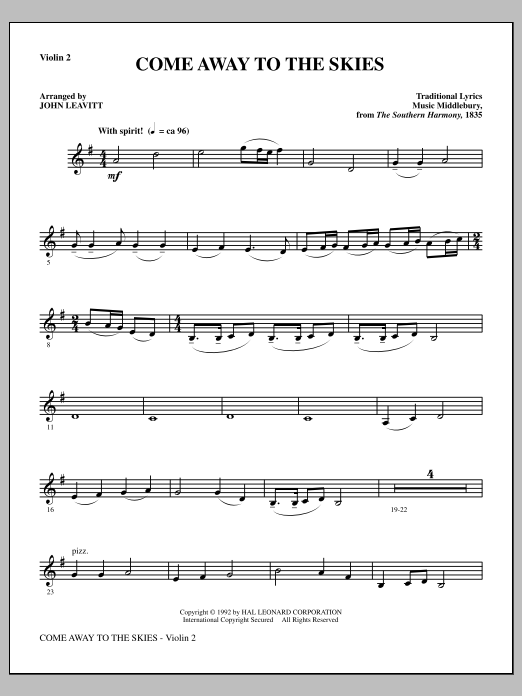Download John Leavitt Come Away To The Skies - Violin 2 Sheet Music and learn how to play Choir Instrumental Pak PDF digital score in minutes