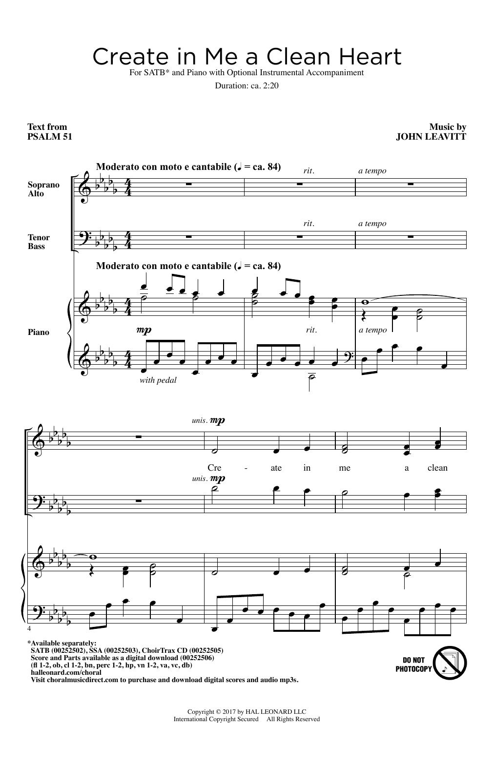 Download John Leavitt Create In Me A Clean Heart Sheet Music and learn how to play SATB PDF digital score in minutes