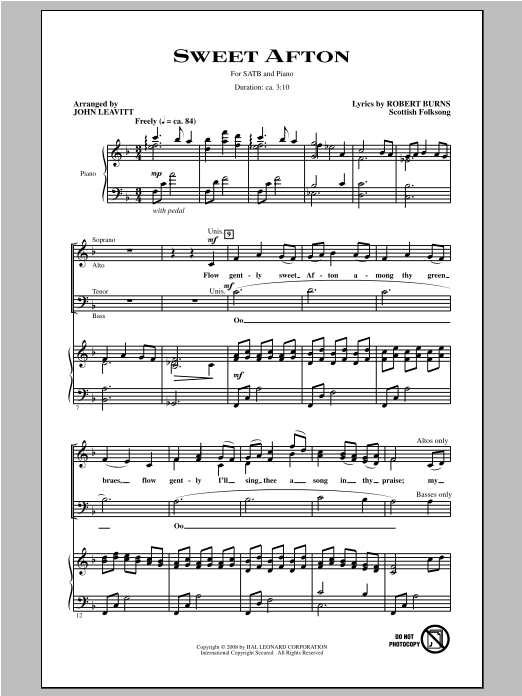 Download Traditional Folksong Flow Gentle, Sweet Afton (arr. John Leavitt) Sheet Music and learn how to play SATB PDF digital score in minutes
