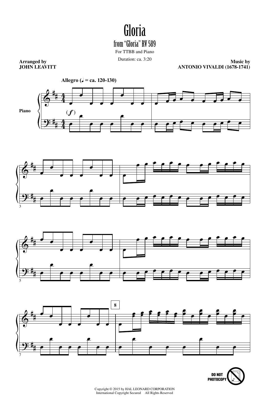 Download Antonio Vivaldi Gloria In Excelsis (Arr. John Leavitt) Sheet Music and learn how to play TTBB PDF digital score in minutes