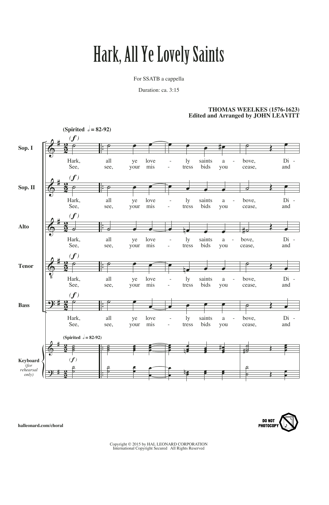 Download Thomas Weelkes Hark All Ye Lovely Saints (arr. John Leavitt) Sheet Music and learn how to play Choral SSATB PDF digital score in minutes