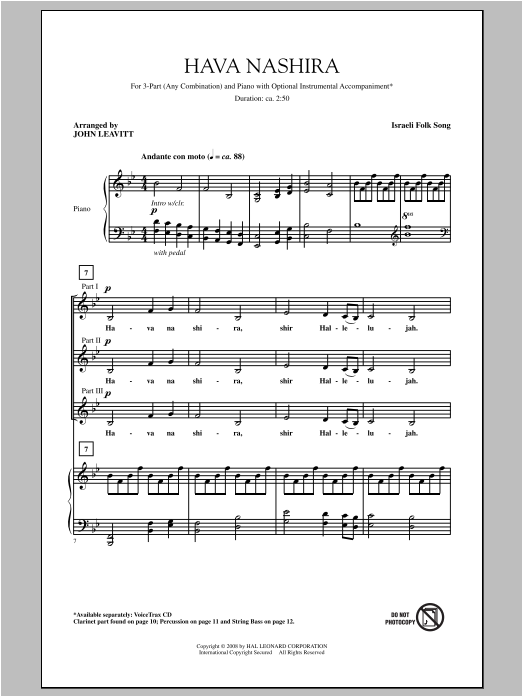 Download Traditional Folksong Hava Nashira (arr. John Leavitt) Sheet Music and learn how to play 3-Part Mixed PDF digital score in minutes