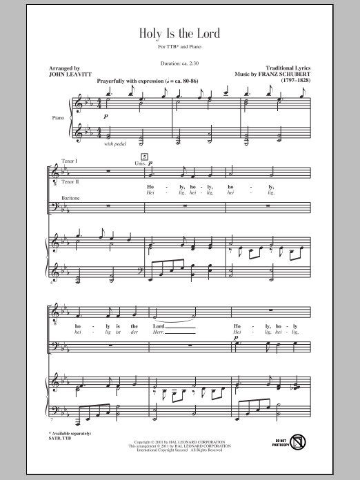 Download Franz Schubert Holy Is The Lord (arr. John Leavitt) Sheet Music and learn how to play TTBB PDF digital score in minutes