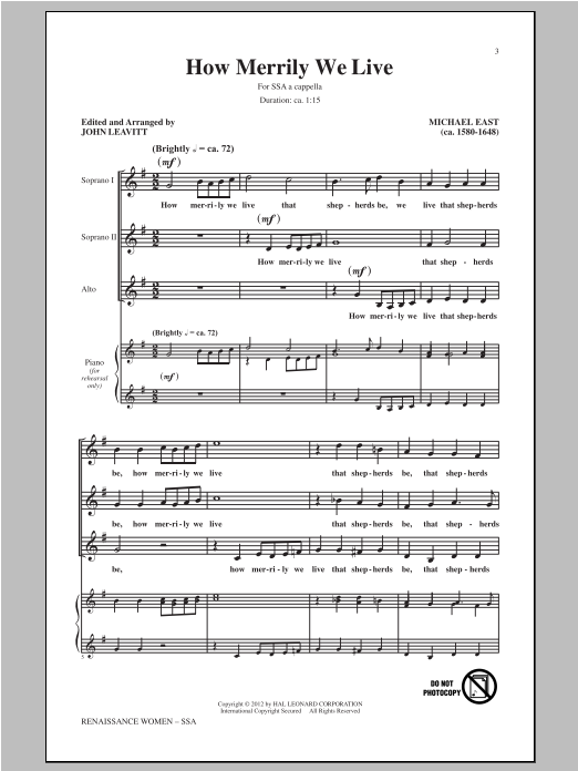Download Michael East How Merrily We Live (arr. John Leavitt) Sheet Music and learn how to play SSA PDF digital score in minutes