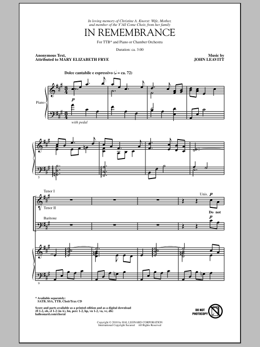 Download John Leavitt In Remembrance Sheet Music and learn how to play SATB Choir PDF digital score in minutes