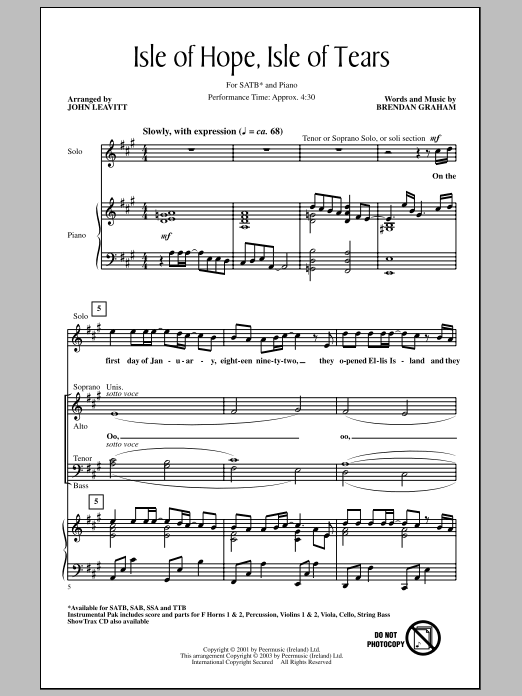Download Brendan Graham Isle Of Hope, Isle Of Tears (arr. John Leavitt) Sheet Music and learn how to play SATB PDF digital score in minutes