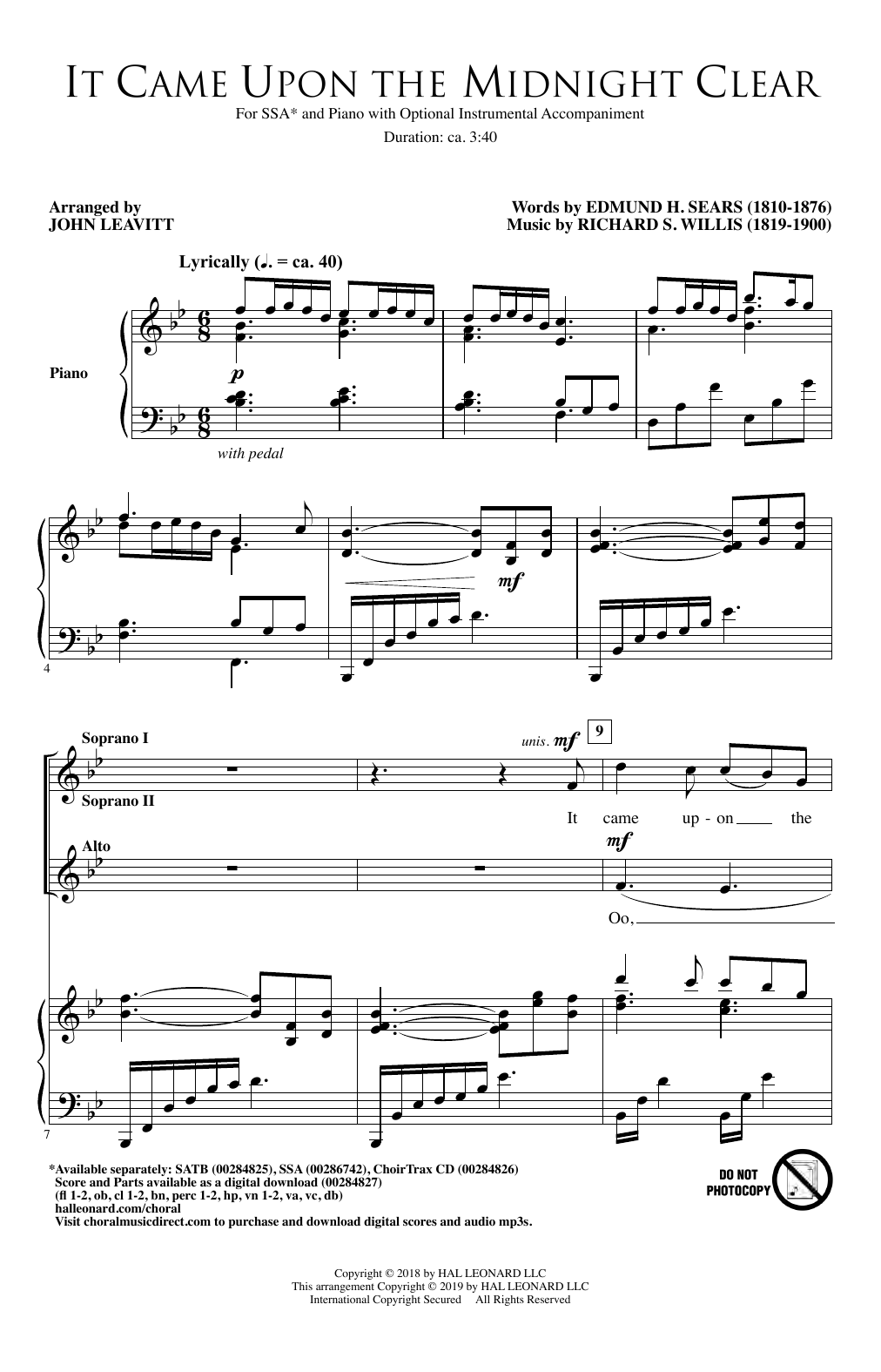 Download John Leavitt It Came Upon The Midnight Clear Sheet Music and learn how to play SSA Choir PDF digital score in minutes