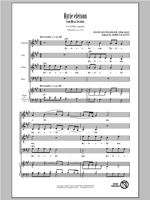 Download Hans Leo Hassler Kyrie Eleison (arr. John Leavitt) Sheet Music and learn how to play SATB PDF digital score in minutes