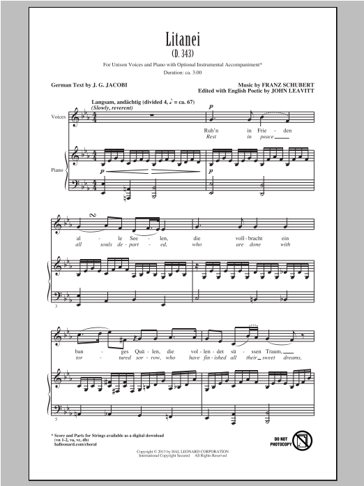 Download Franz Schubert Litanei (arr. John Leavitt) Sheet Music and learn how to play Unison Voice PDF digital score in minutes