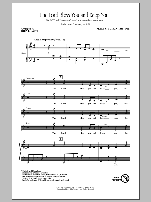 Download Peter C. Lutkin Lord Bless You And Keep You (arr. John Leavitt) Sheet Music and learn how to play SATB PDF digital score in minutes